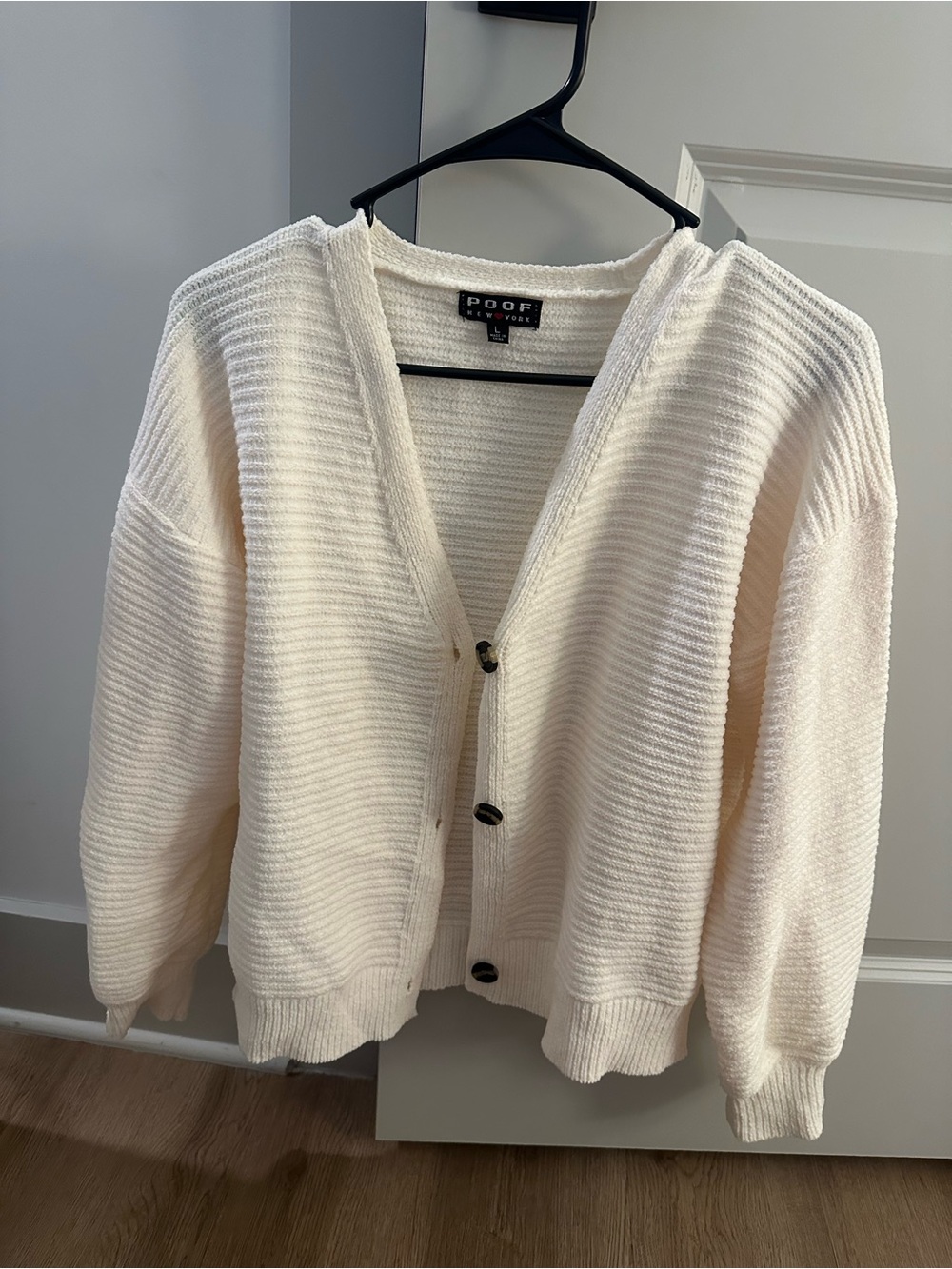 Poof! Ivory Ribbed V-Neck Button Cardigan